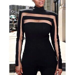 Long Sleeves Skinny Mesh Solid Color Split-Joint High Neck T-Shirts Tops